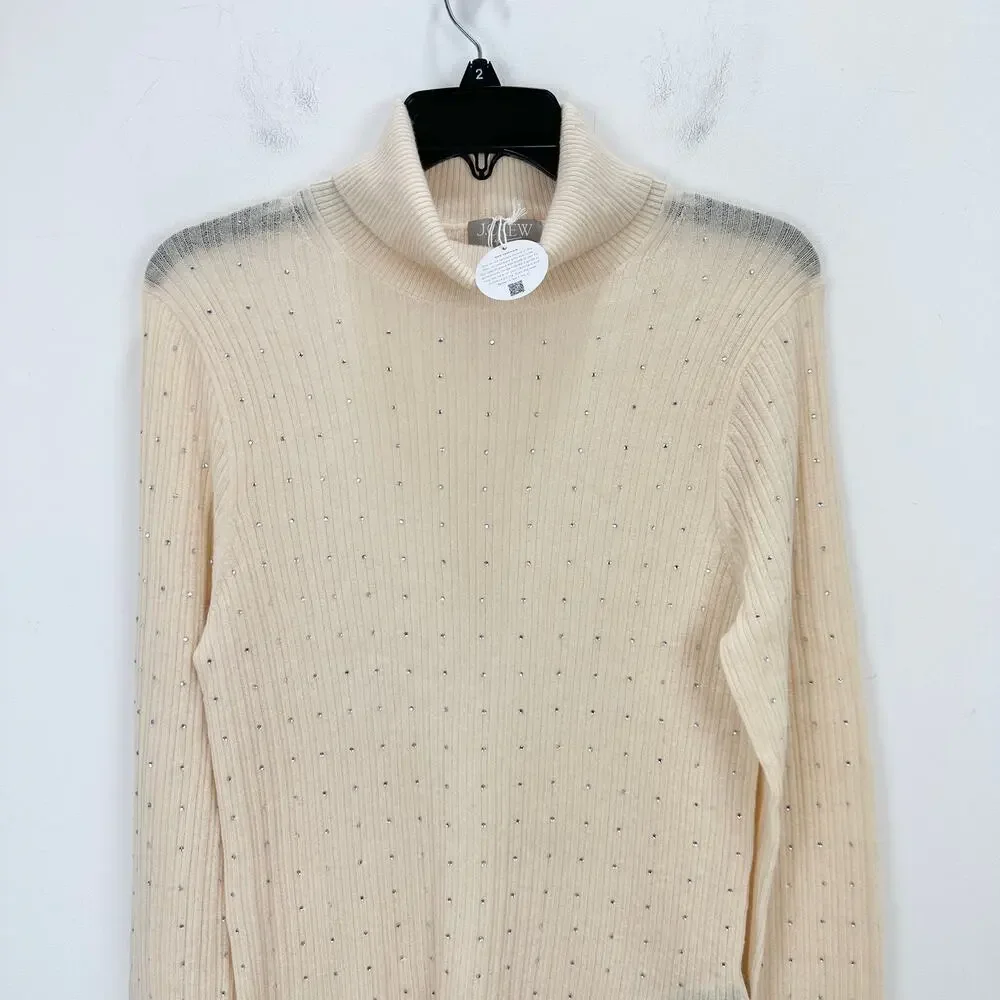 J.Crew Featherweight Cashmere Turtleneck Sweater Rhinestones Buttercream XL NWT